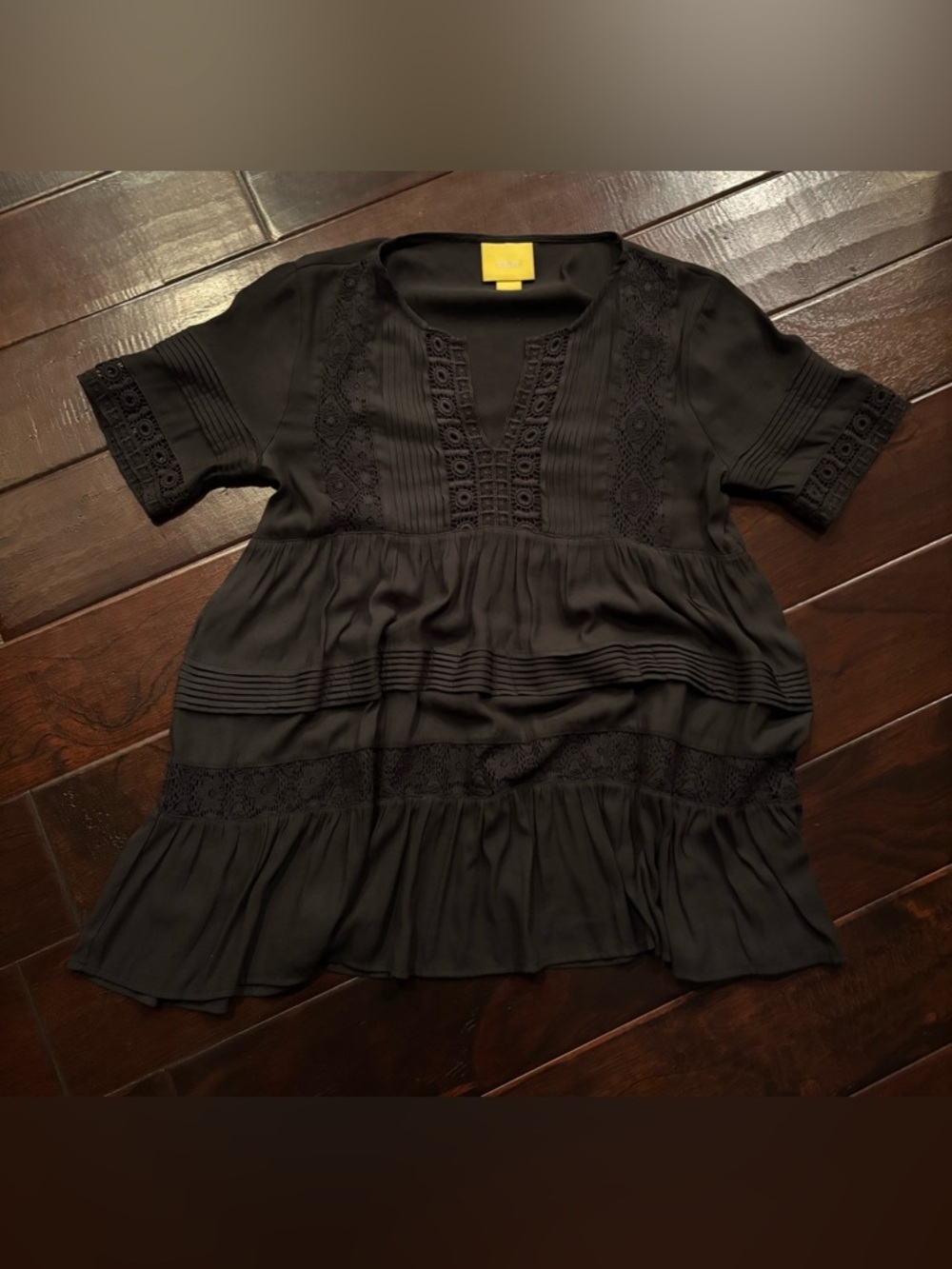 Maeve Anthropologie Black Lace Pintuck Babydoll Blouse Size Small